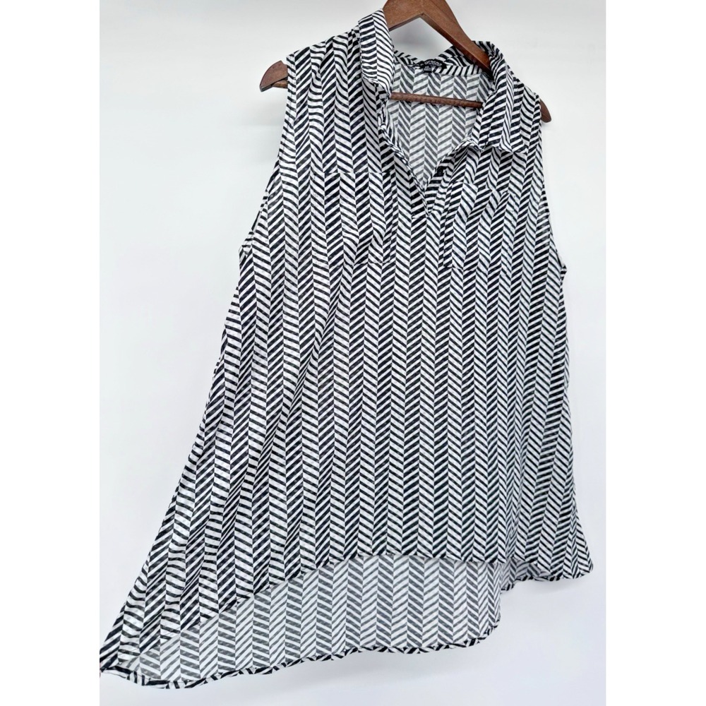 AVA & GRACE Y2K Black‎ White Chevron Collared Sleeveless Hi Low Hem 2X sheer